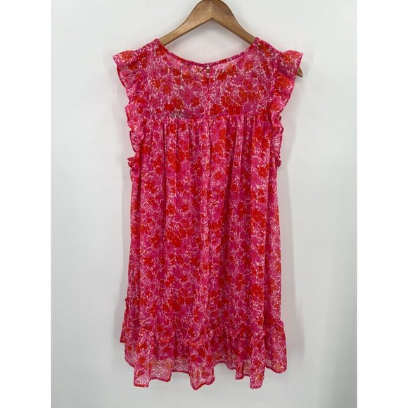 Umgee Women Size Large Pink Floral Metallic Flutter Sleeve Dress NWT - Picture 2 of 10